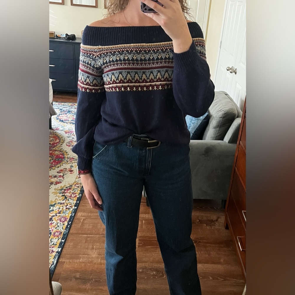 Entro Navy Fair Isle Off-Shoulder Sweater